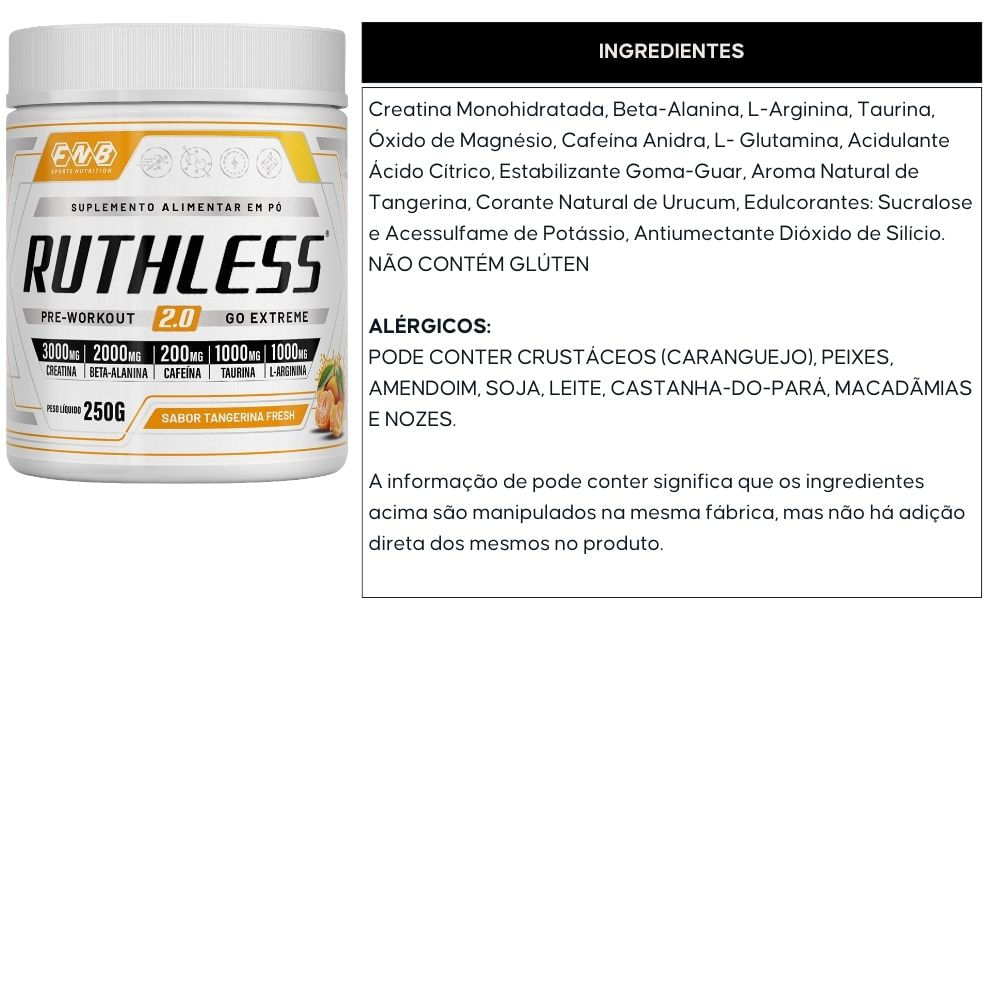 Pré-Treino Ruthless 2.0 Tangerina FNB Sports 250g