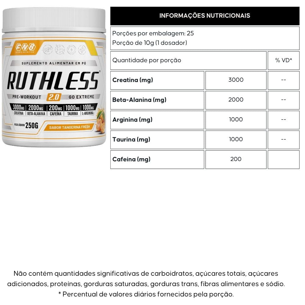 Pré-Treino Ruthless 2.0 Tangerina FNB Sports 250g