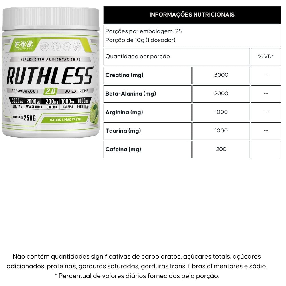 Pré-Treino Ruthless 2.0 Limão FNB Sports 250g