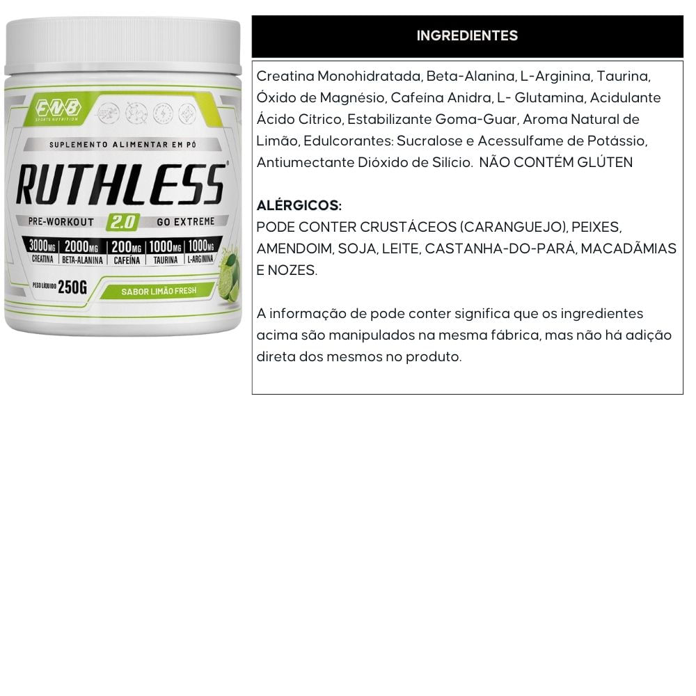 Pré-Treino Ruthless 2.0 Limão FNB Sports 250g