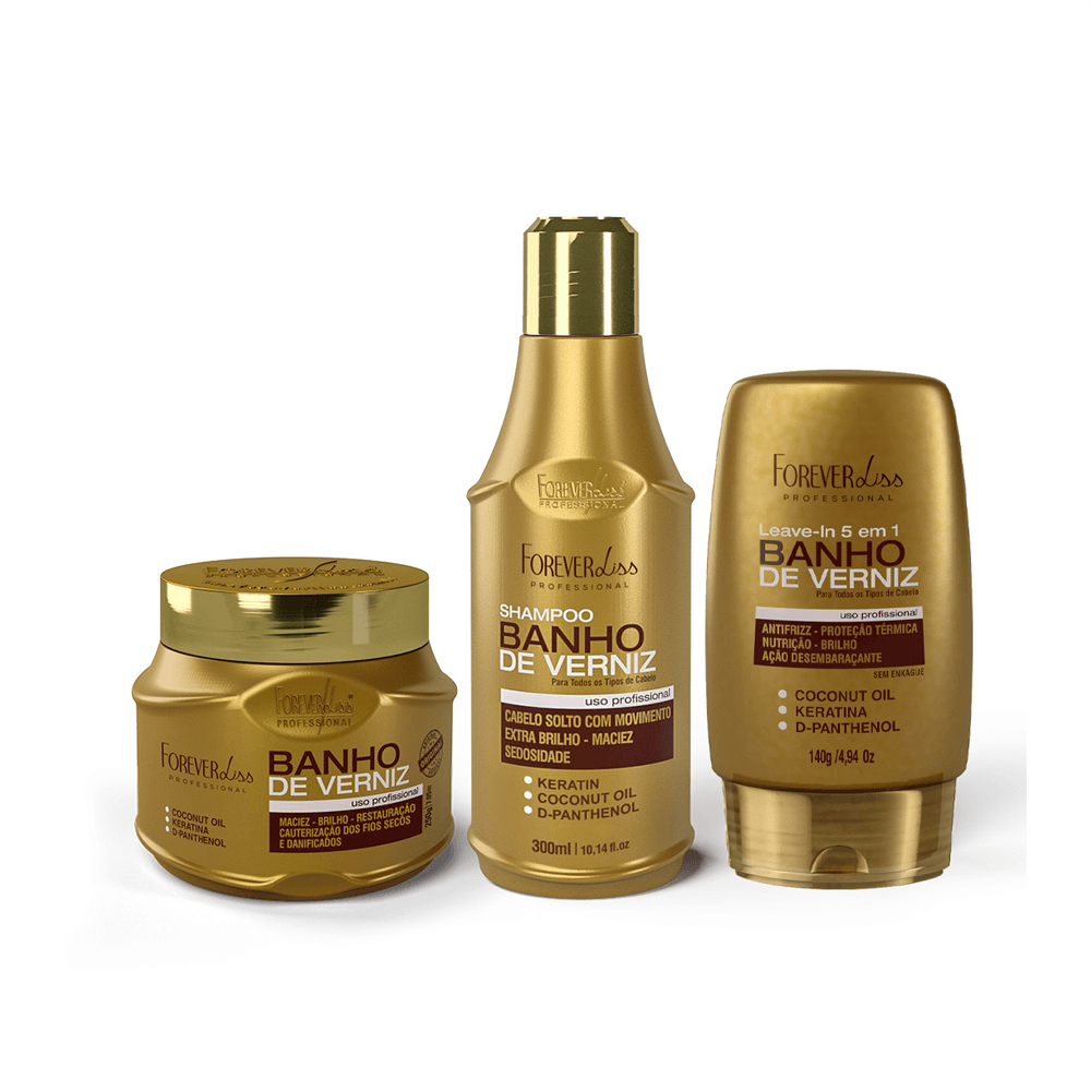 Kit Com Shampoo 300ml + Máscara 250g + Leave-in Banho De Verniz 140g Forever Liss