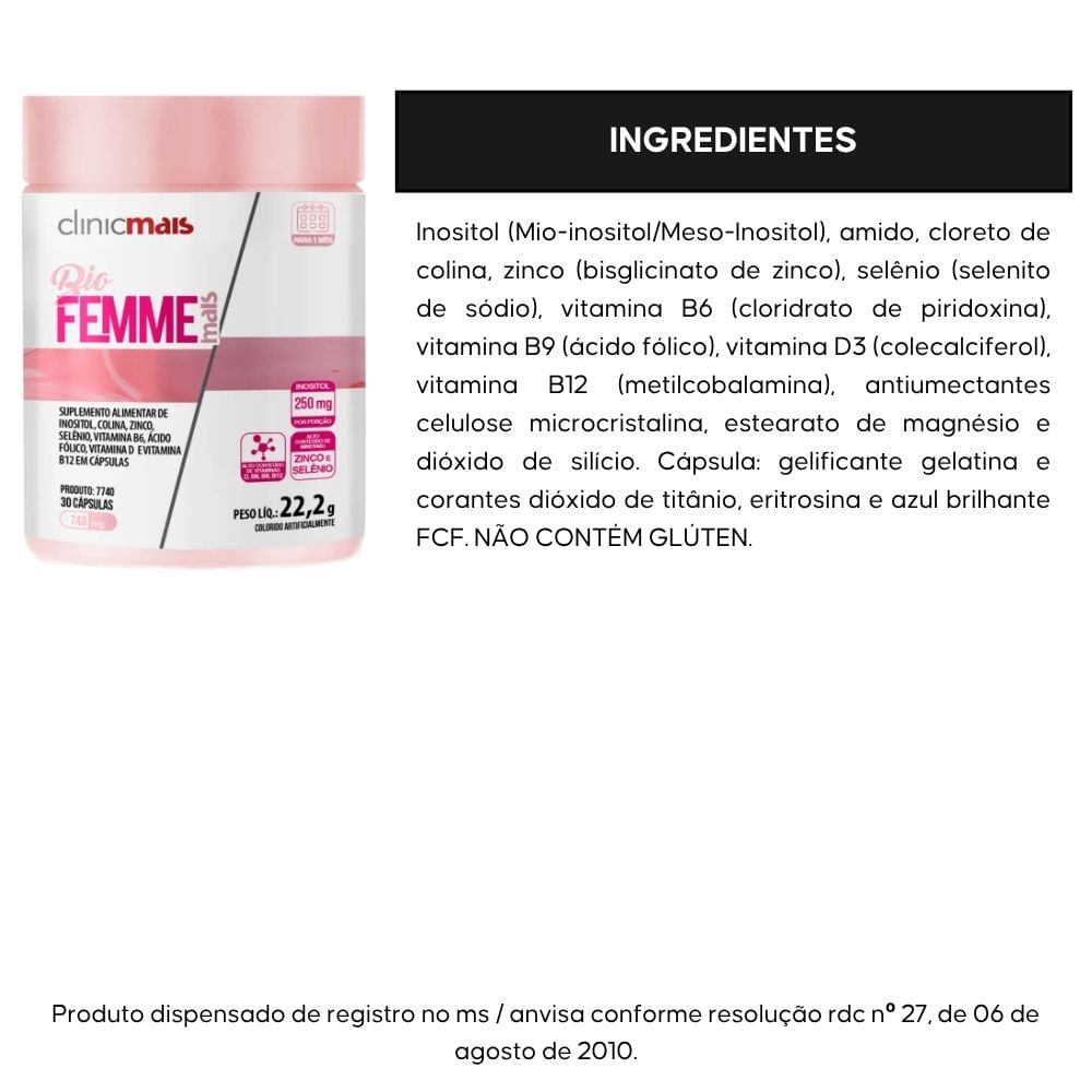 Kit 2 Bio Femme Inositol Com vitaminas Clinicmais 30 Cápsulas