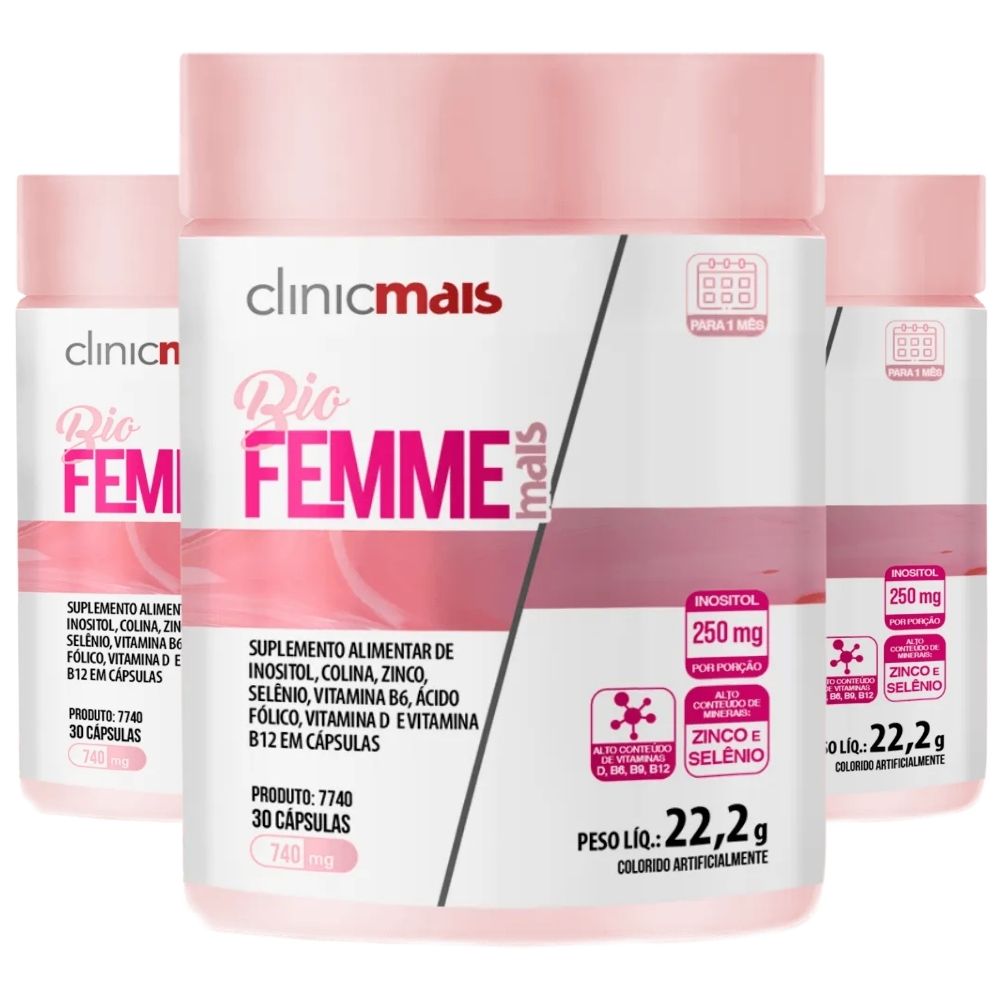 Kit 3 Bio Femme Inositol Com vitaminas Clinicmais 30 Cápsulas