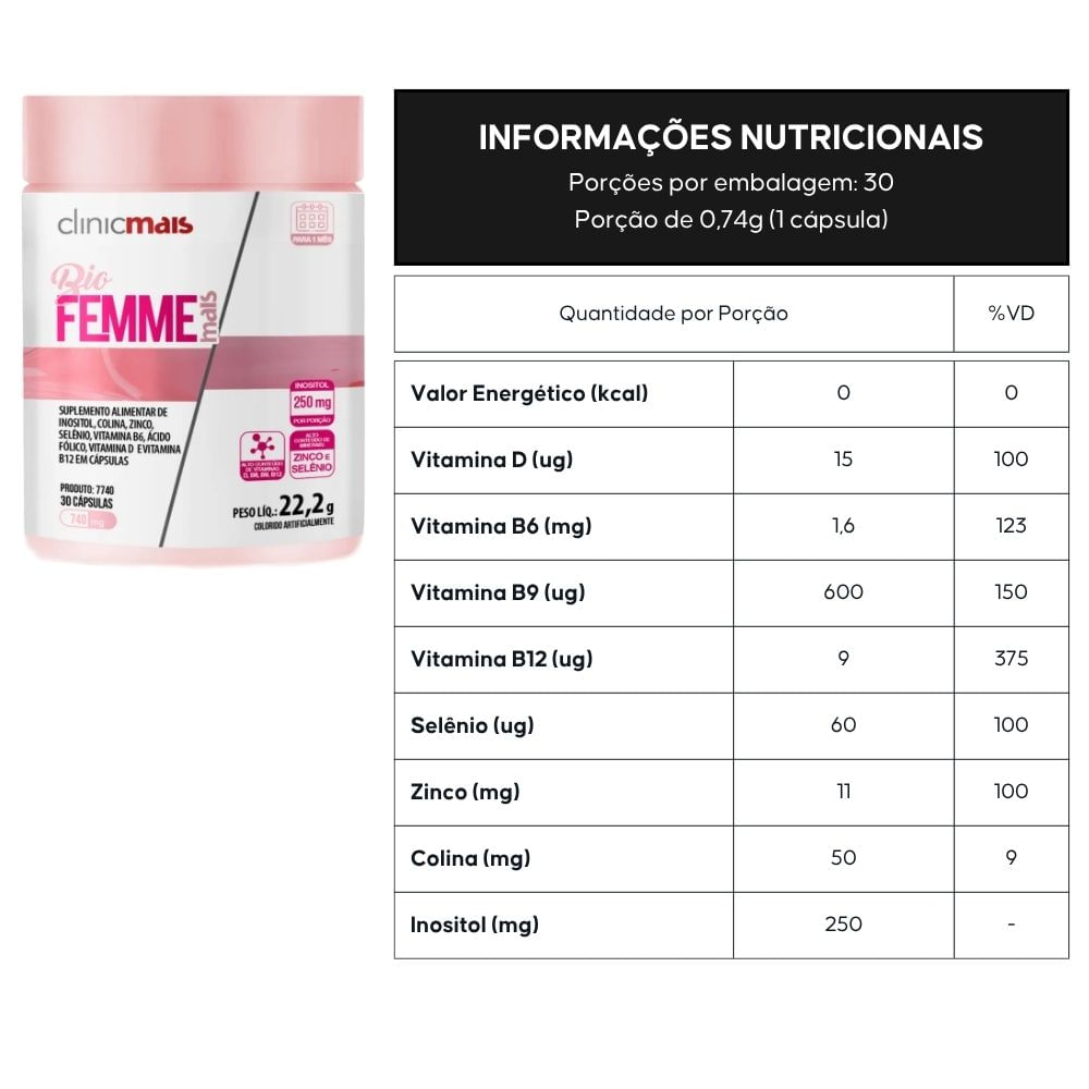 Kit 3 Bio Femme Inositol Com vitaminas Clinicmais 30 Cápsulas