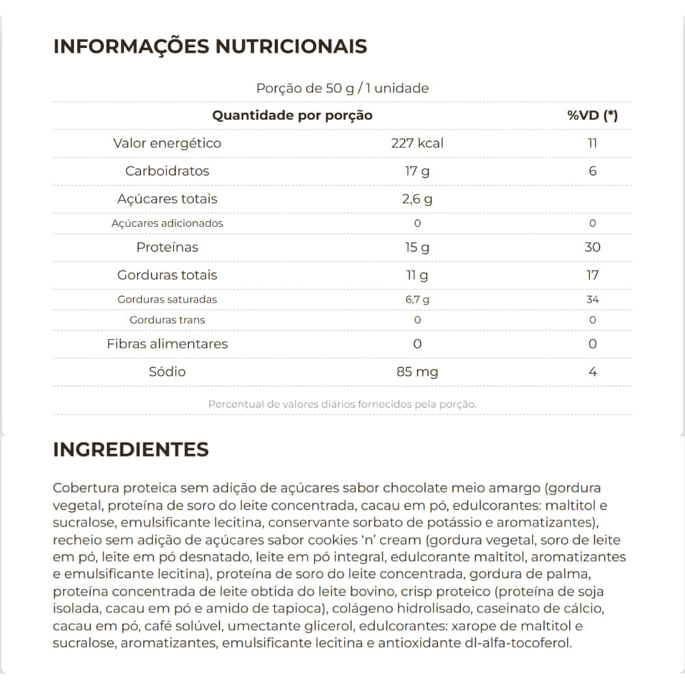 Barra de Proteína 3 Corações Cookies ’n' Cream 50g
