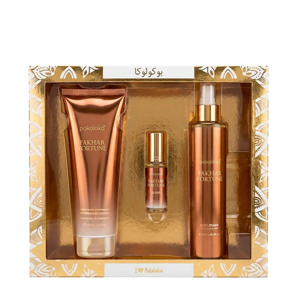 Kit Luxury Elixir Fakhar Fortune Pokoloka Deo Colônia 15ml + Hidratante 240ml + Body Splash 250ml