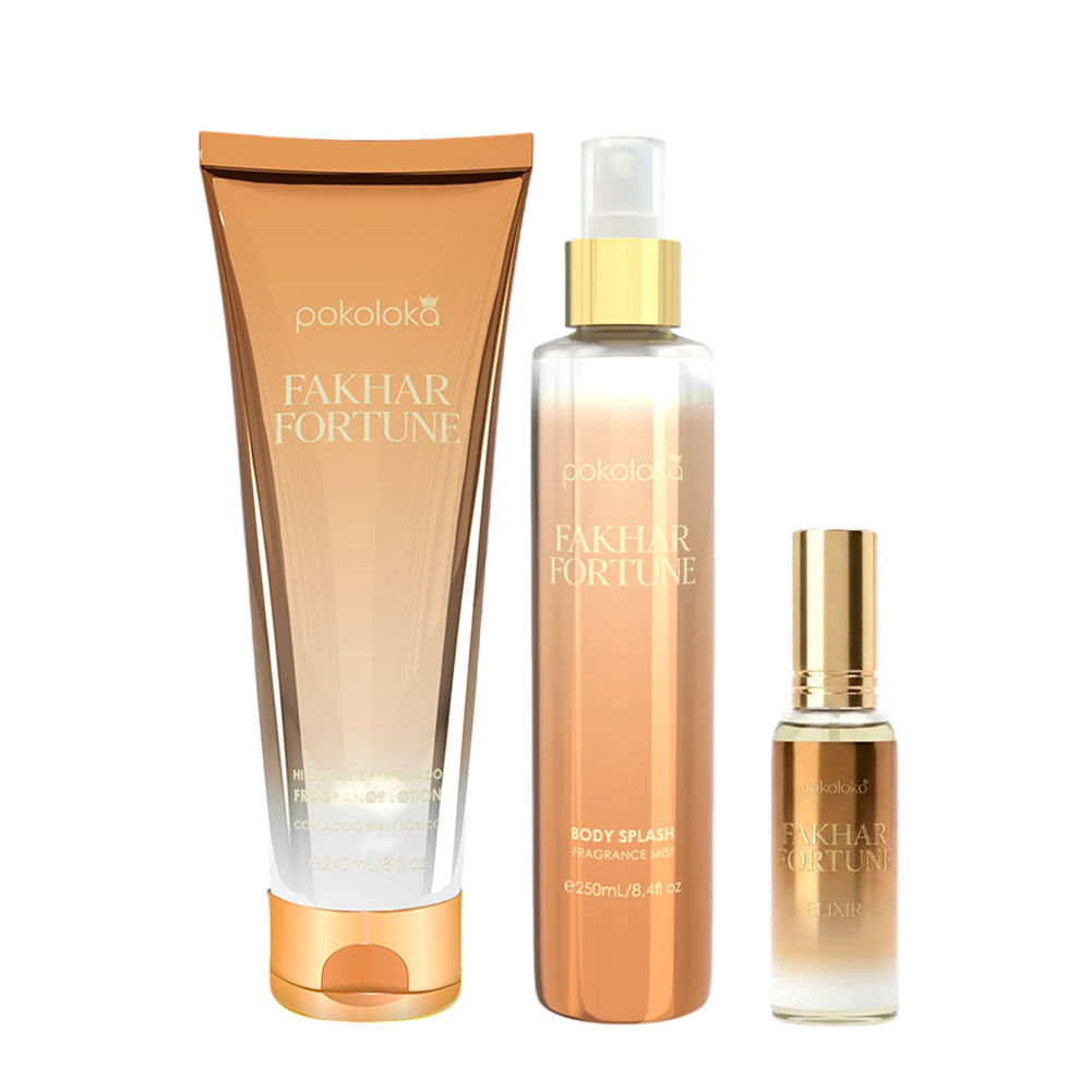 Kit Luxury Elixir Fakhar Fortune Pokoloka Deo Colônia 15ml + Hidratante 240ml + Body Splash 250ml
