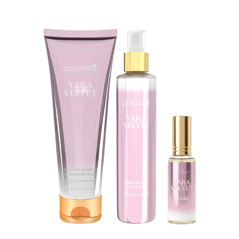 Kit Luxury Elixir Yara Velvet Pokoloka Deo Colônia 15ml + Hidratante Corporal 240ml + Body Splash 250ml