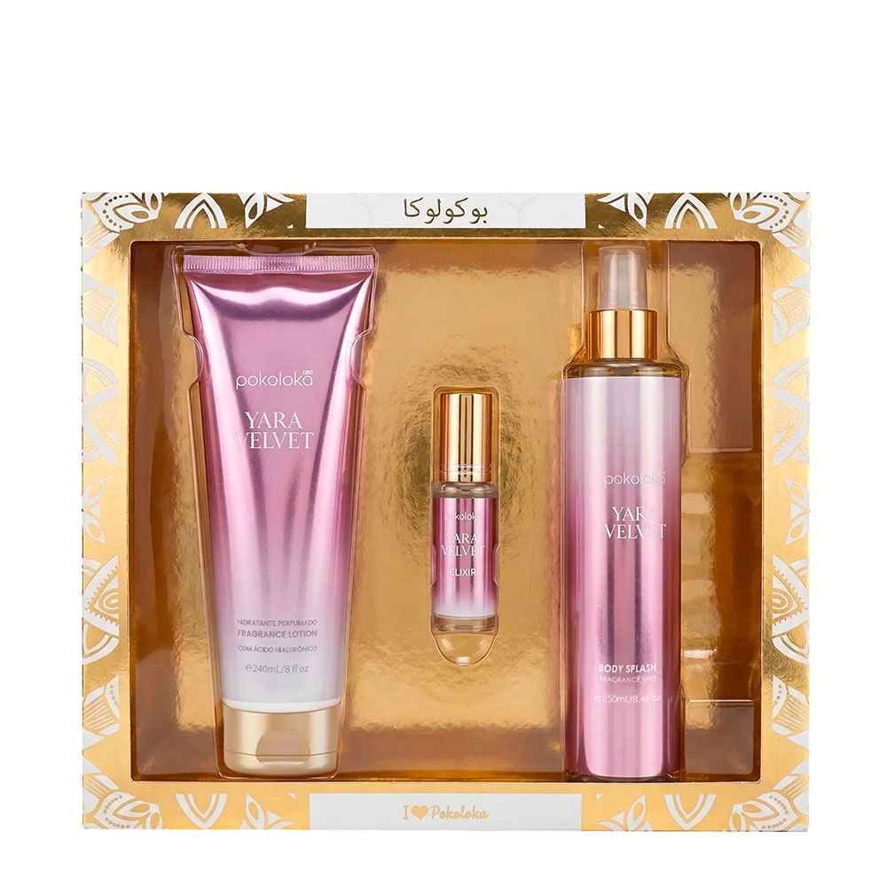 Kit Luxury Elixir Yara Velvet Pokoloka Deo Colônia 15ml + Hidratante Corporal 240ml + Body Splash 250ml