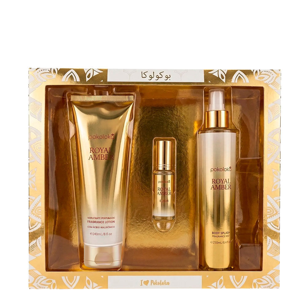 Kit Luxury Elixir Royal Amber Pokoloka Deo Colônia 15ml + Hidratante 240ml + Body Splash 250ml