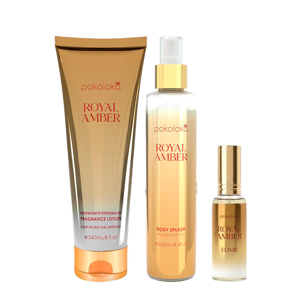 Kit Luxury Elixir Royal Amber Pokoloka Deo Colônia 15ml + Hidratante 240ml + Body Splash 250ml