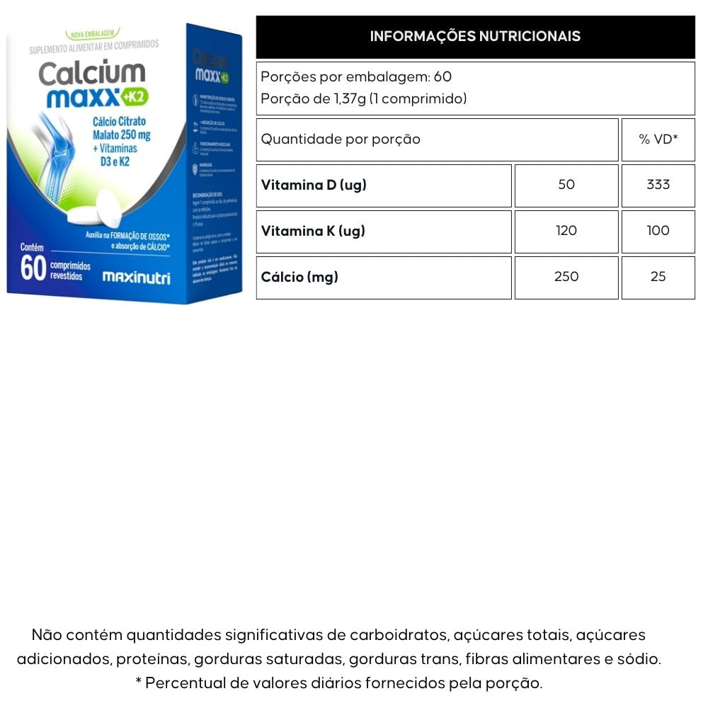 Calcium Maxx K2 Cálcio Citrato Malato + Vitaminas D3 e K2 Maxinutri 60 Comprimidos