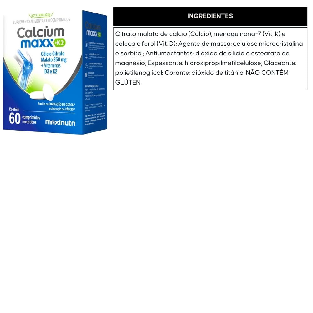 Calcium Maxx K2 Cálcio Citrato Malato + Vitaminas D3 e K2 Maxinutri 60 Comprimidos