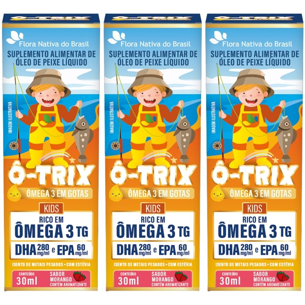 Kit 3 Ô-Trix Ômega 3 Em Gotas Infantil Flora Nativa Morango 30ml