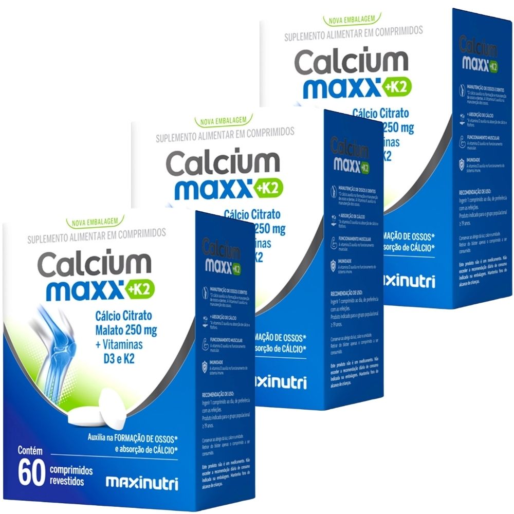 Kit 3 Calcium Maxx K2 Cálcio Citrato Malato + Vitaminas D3 e K2 Maxinutri 60 Comprimidos