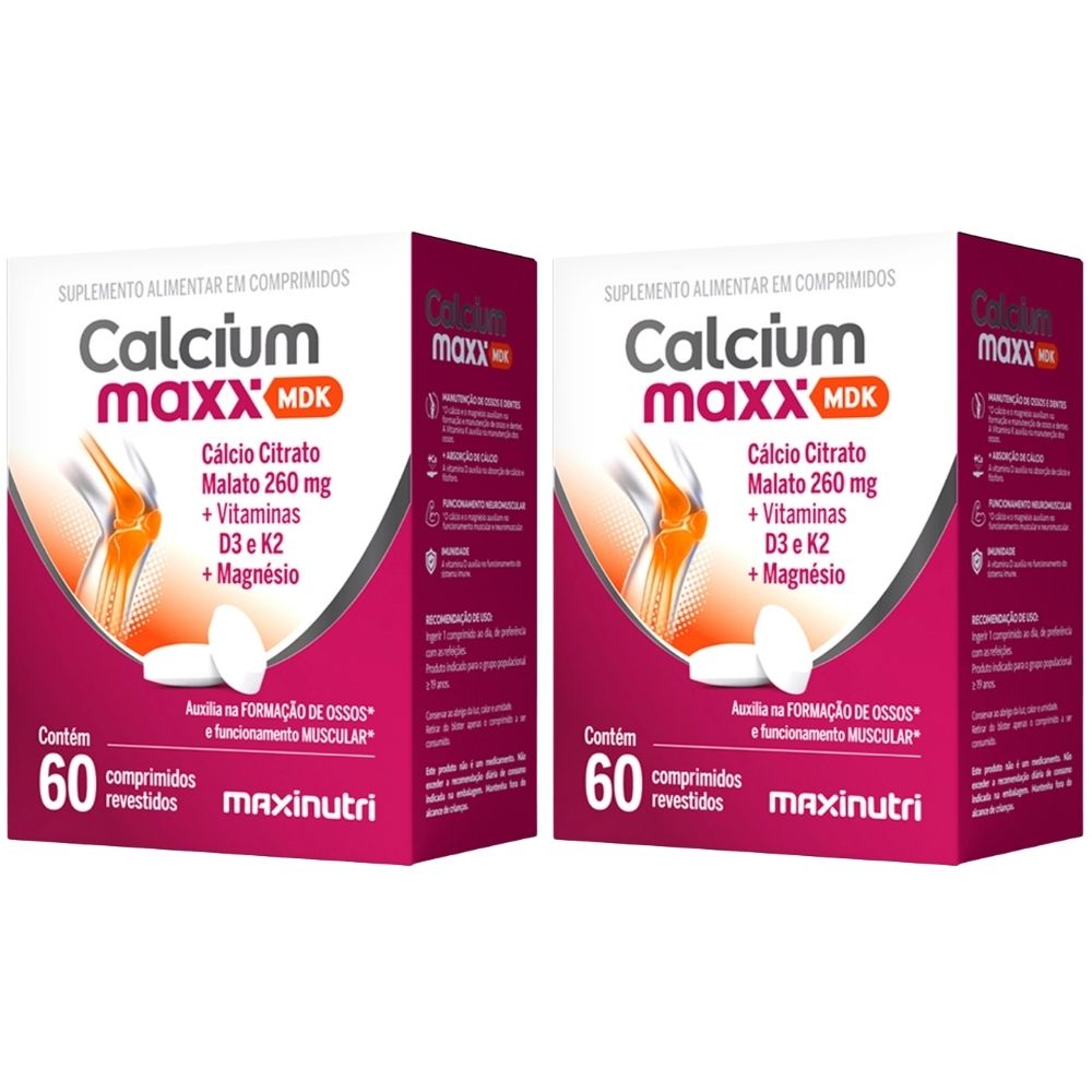 Kit 2 Calcium Maxx MDK Cálcio Citrato Malato + Magnésio + Vitaminas D3 e K2 Maxinutri 60 Comprimidos