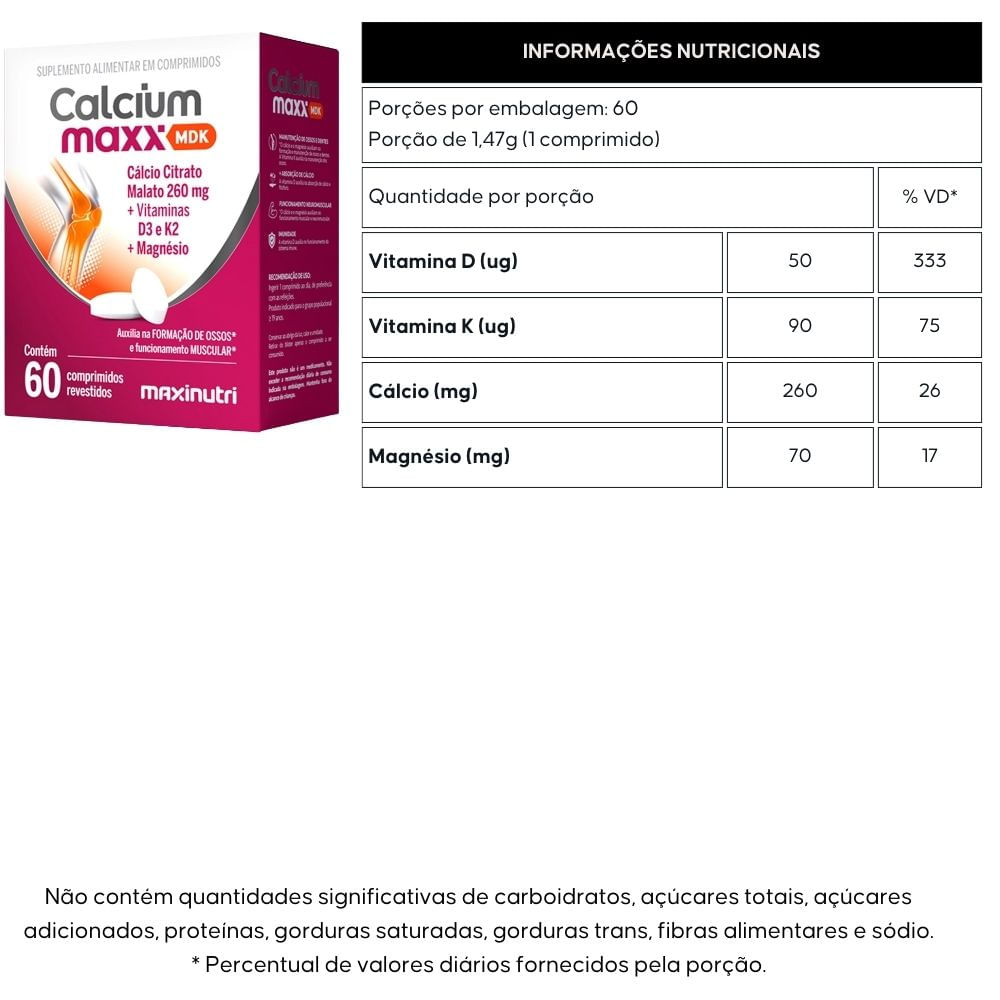Kit 2 Calcium Maxx MDK Cálcio Citrato Malato + Magnésio + Vitaminas D3 e K2 Maxinutri 60 Comprimidos