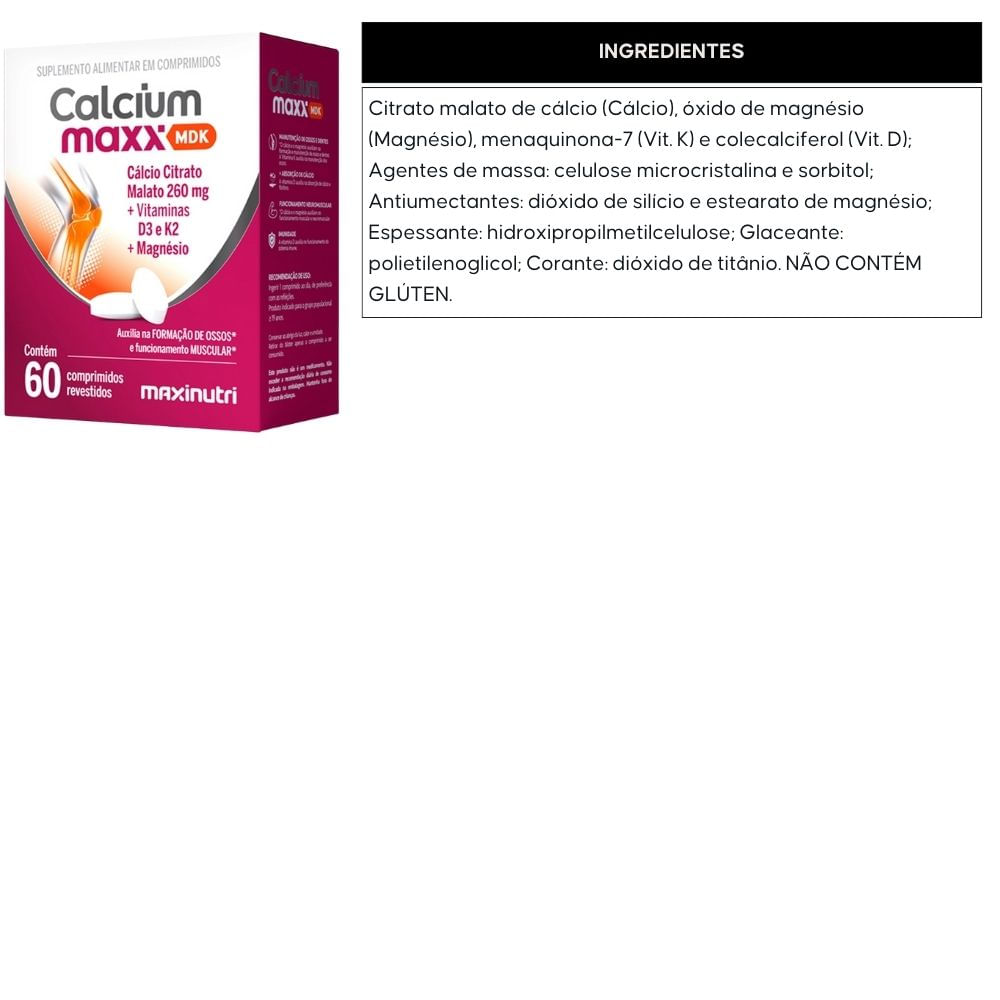 Kit 2 Calcium Maxx MDK Cálcio Citrato Malato + Magnésio + Vitaminas D3 e K2 Maxinutri 60 Comprimidos