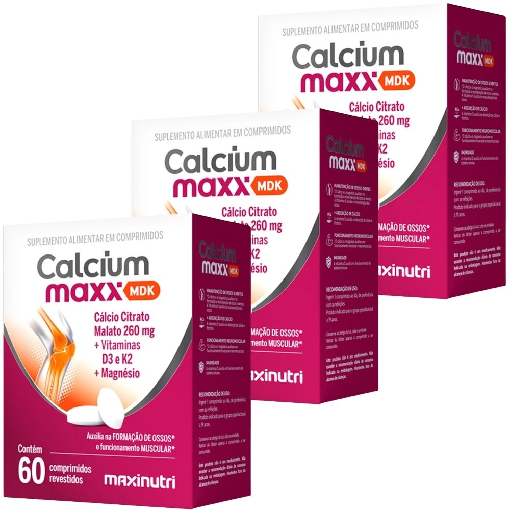 Kit 3 Calcium Maxx MDK Cálcio Citrato Malato + Magnésio + Vitaminas D3 e K2 Maxinutri 60 Comprimidos