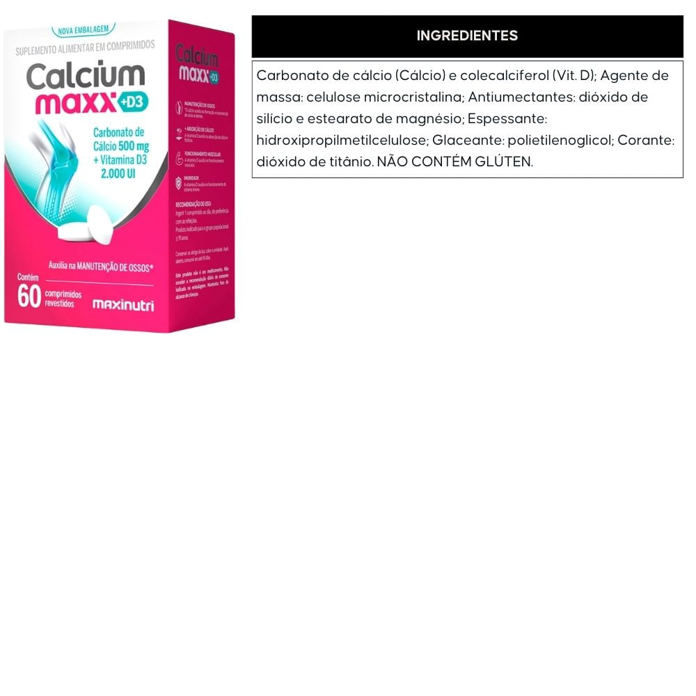 Kit 3 Calcium Maxx D3 Carbonato de Cálcio + Vitamina D3 Maxinutri 60 Comprimidos