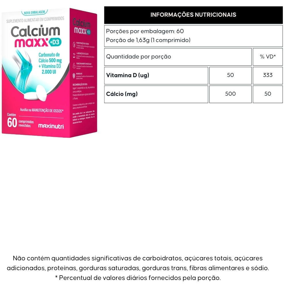 Kit 3 Calcium Maxx D3 Carbonato de Cálcio + Vitamina D3 Maxinutri 60 Comprimidos