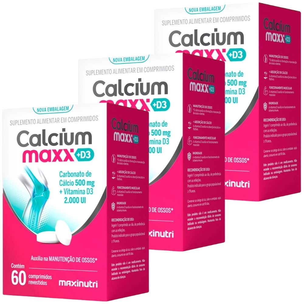 Kit 3 Calcium Maxx D3 Carbonato de Cálcio + Vitamina D3 Maxinutri 60 Comprimidos