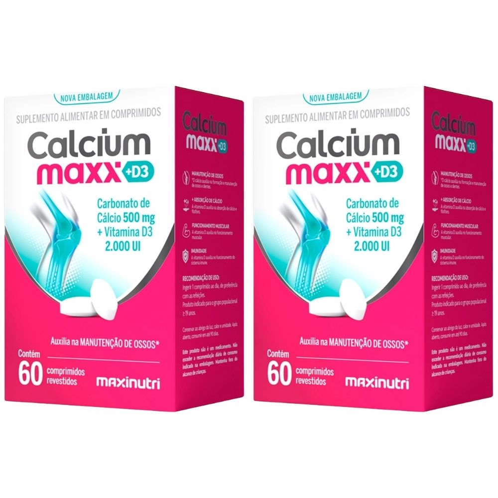 Kit 2 Calcium Maxx D3 Carbonato de Cálcio + Vitamina D3 Maxinutri 60 Comprimidos