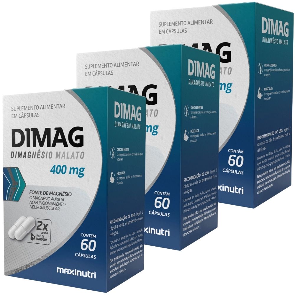 Kit 3 Dimag Dimalato de Magnésio 400mg Maxinutri 60 Cápsulas