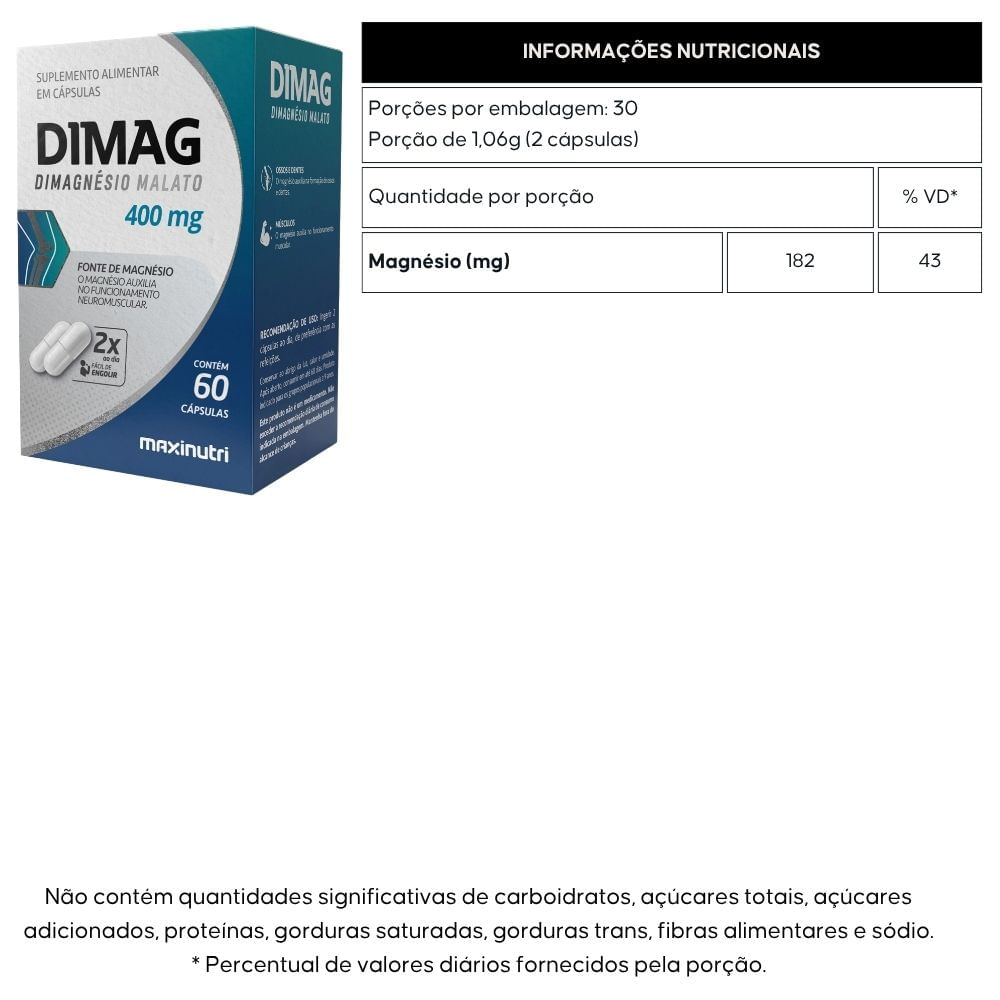 Kit 3 Dimag Dimalato de Magnésio 400mg Maxinutri 60 Cápsulas