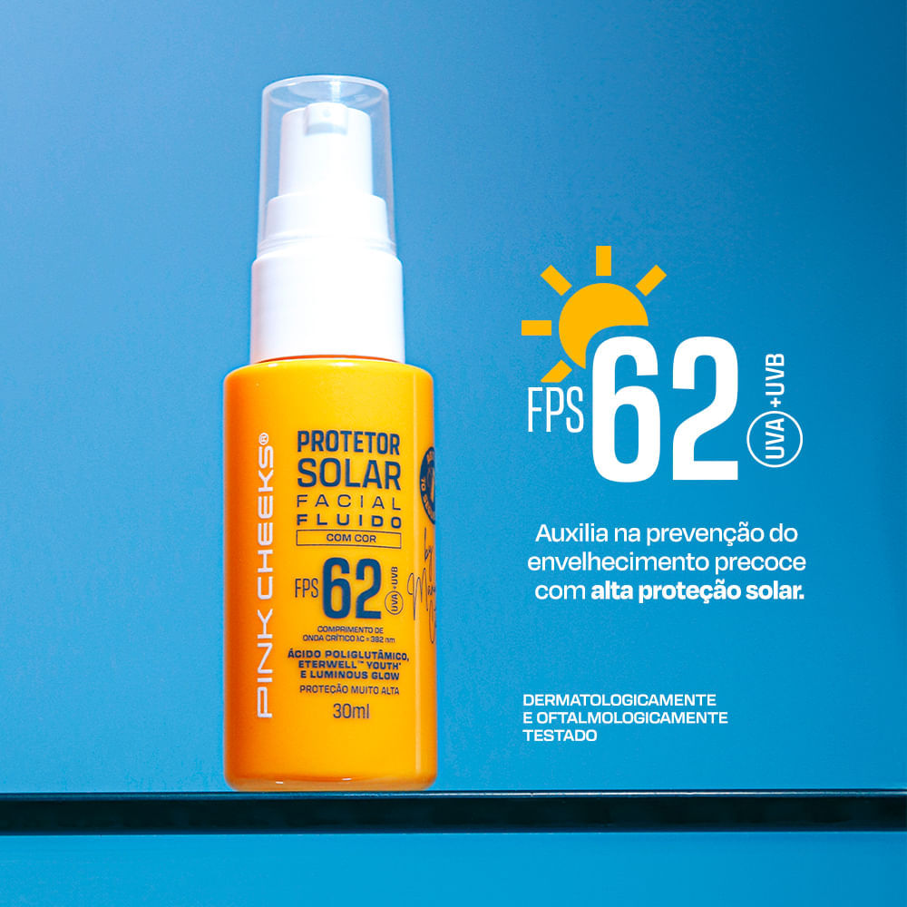 Protetor Solar Facial Fluido Pink Cheeks FPS 62 30ml Cor Tint 40