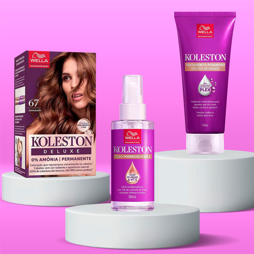 Kit Deluxe Koleston Coloração Chocolate 6.7 + Tratamento 100ml + Óleo Capilar 100ml