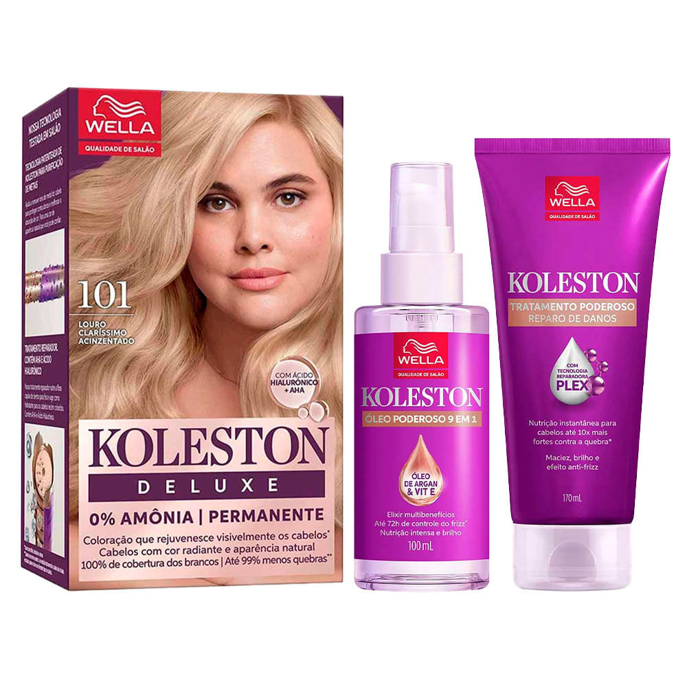 Kit Deluxe Koleston Coloração Louro Clarris 10.1 + Tratamento 100ml + Óleo Capilar 100ml