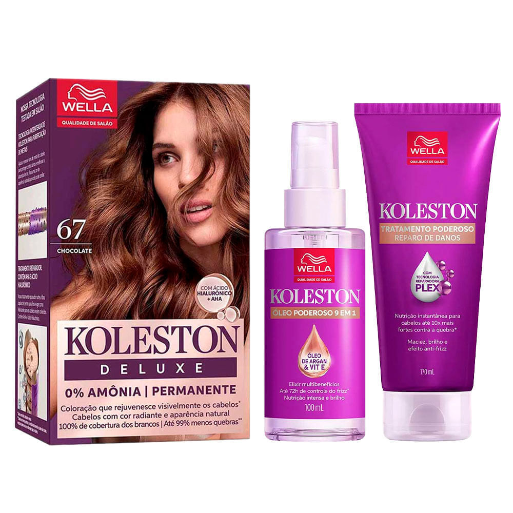 Kit Deluxe Koleston Coloração Chocolate 6.7 + Tratamento 100ml + Óleo Capilar 100ml