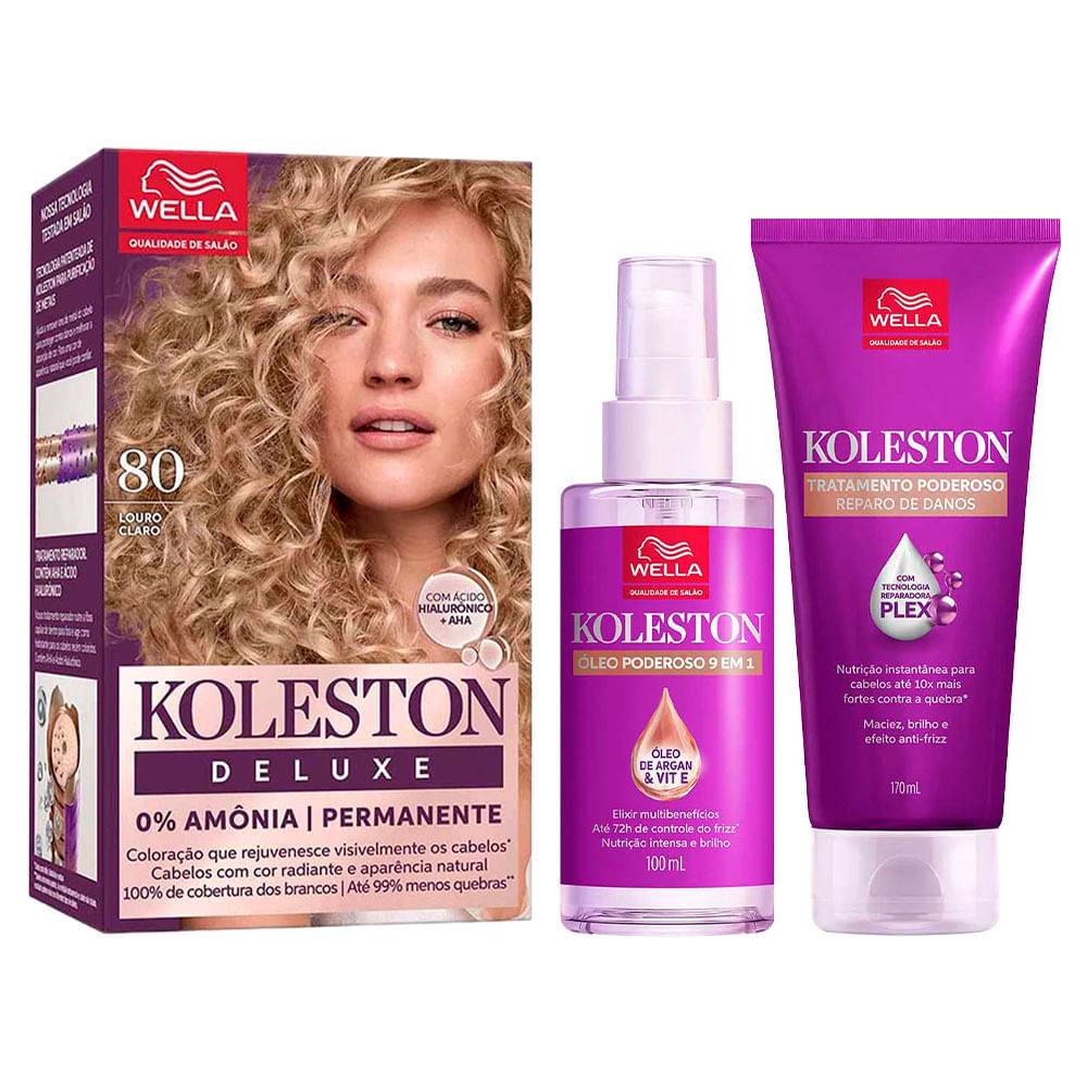 Kit Deluxe Koleston Coloração Louro 8.0 + Tratamento 100ml + Óleo Capilar 100ml