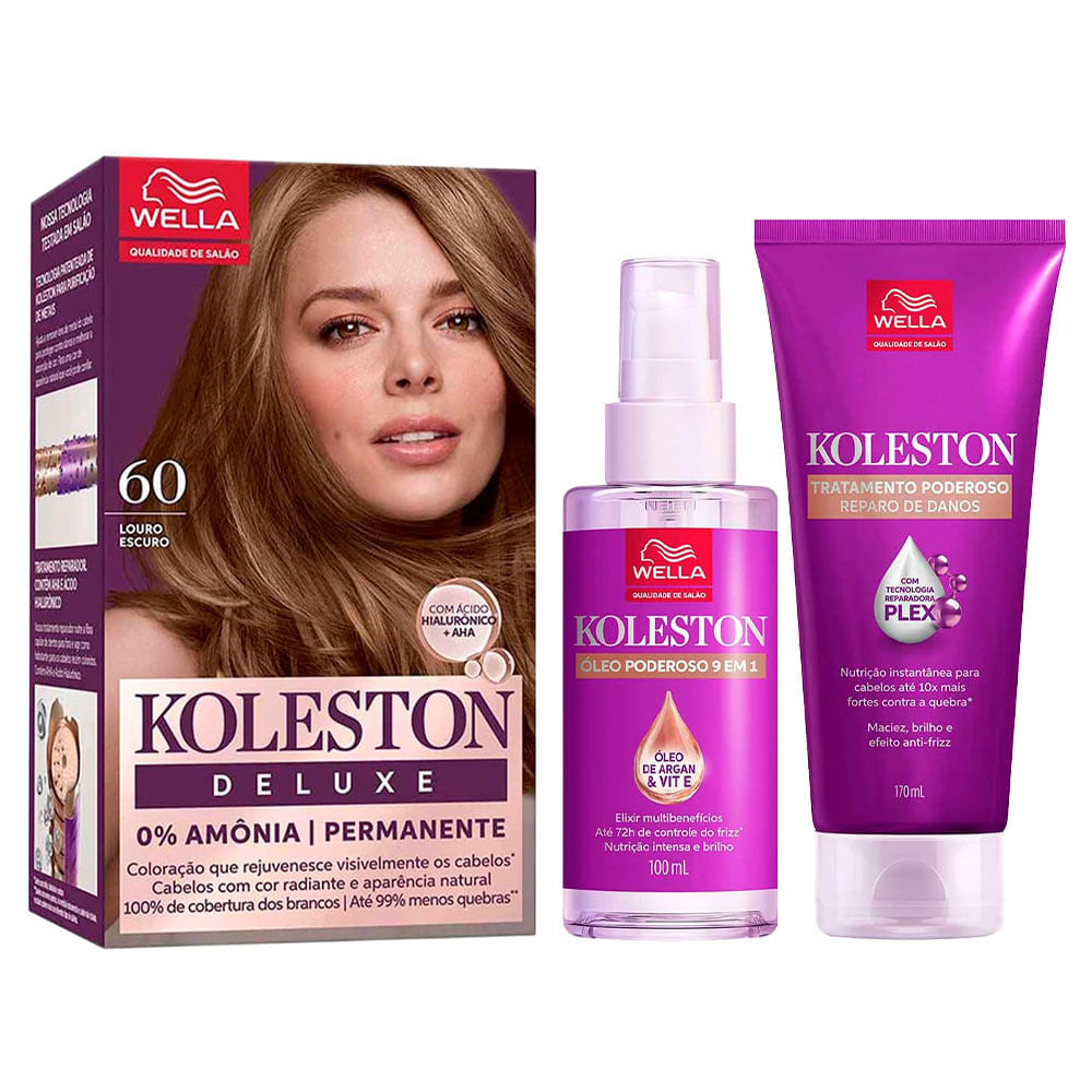 Kit Deluxe Koleston Coloração Louro Escuro 6.0 + Tratamento 100ml + Óleo Capilar 100ml