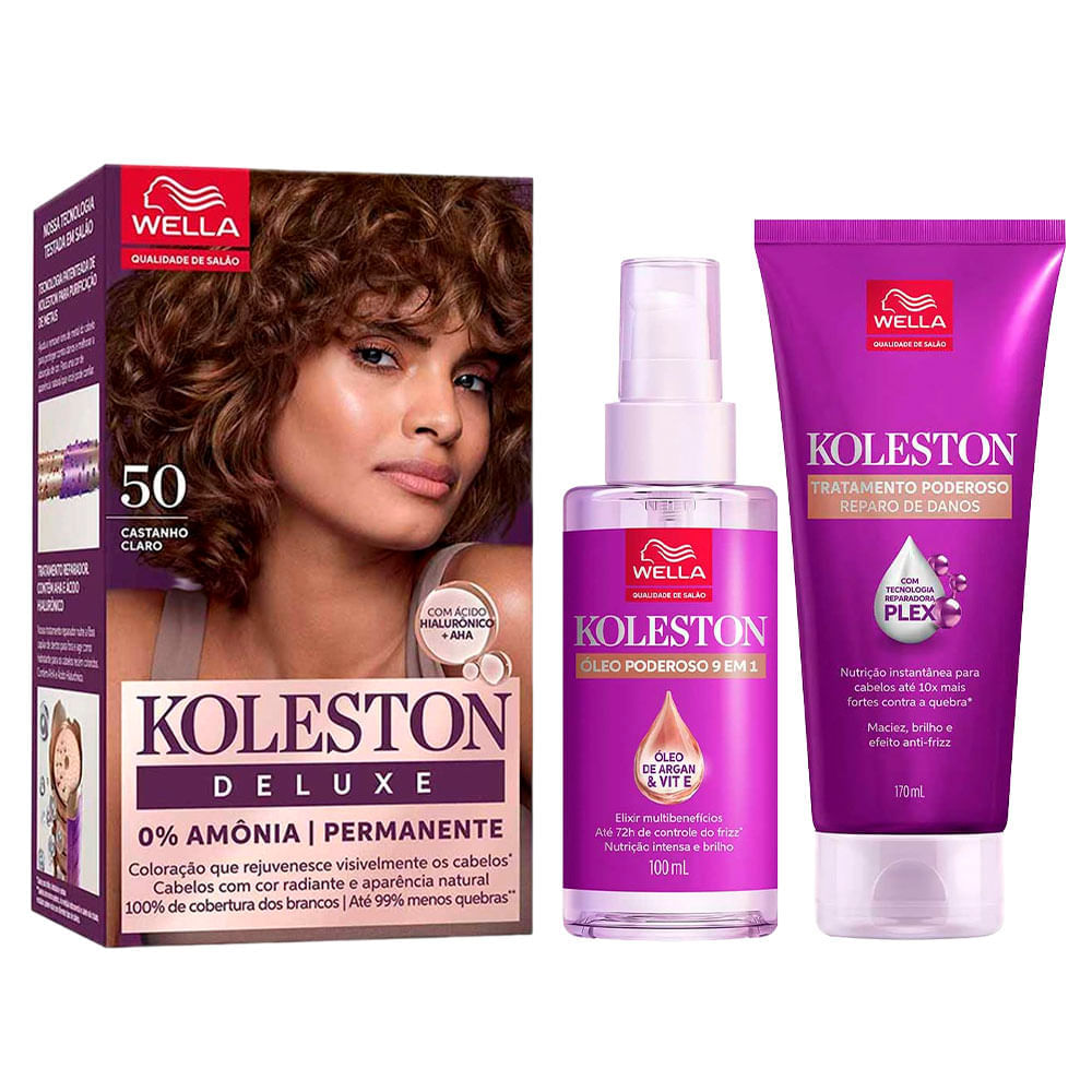 Kit Deluxe Koleston Coloração Castanho Claro 5.0 + Tratamento 100ml + Óleo Capilar 100ml