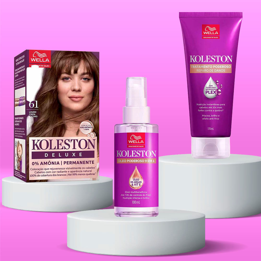 Kit Deluxe Koleston Coloração  Louro 6.1 + Tratamento 100ml + Óleo Capilar 100ml