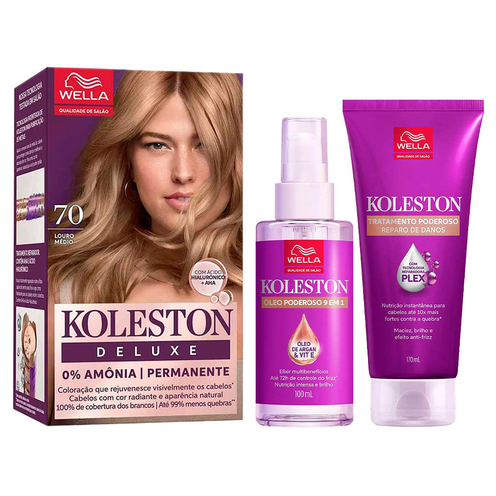 Kit Deluxe Koleston Coloração Louro Medio 7.0 + Tratamento 100ml + Óleo Capilar 100ml