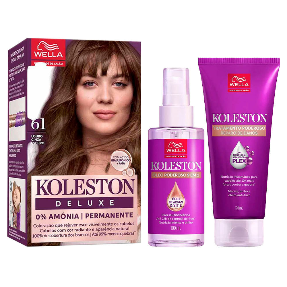 Kit Deluxe Koleston Coloração  Louro 6.1 + Tratamento 100ml + Óleo Capilar 100ml