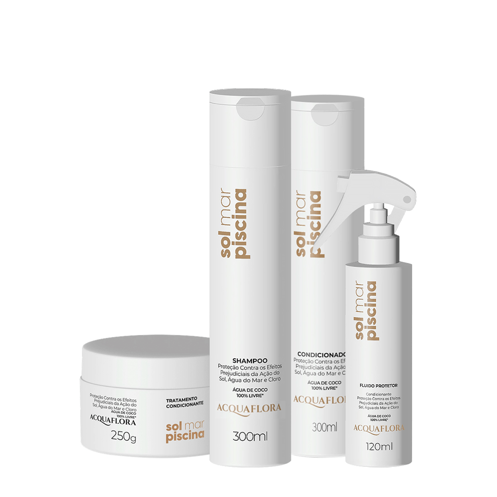 Kit Sol, Mar e Piscina Home Care Acquaflora Shampoo 300ml + Condicionador 300ml+ Máscara Capilar 250g + Leave-In 120ml