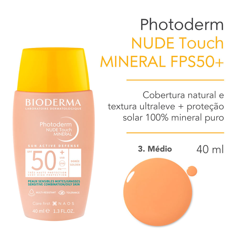 Protetor Solar Facial Photoderm Nude Touch Mineral FPS 50+ Cor 3.0 Dourado Bioderma 40ml