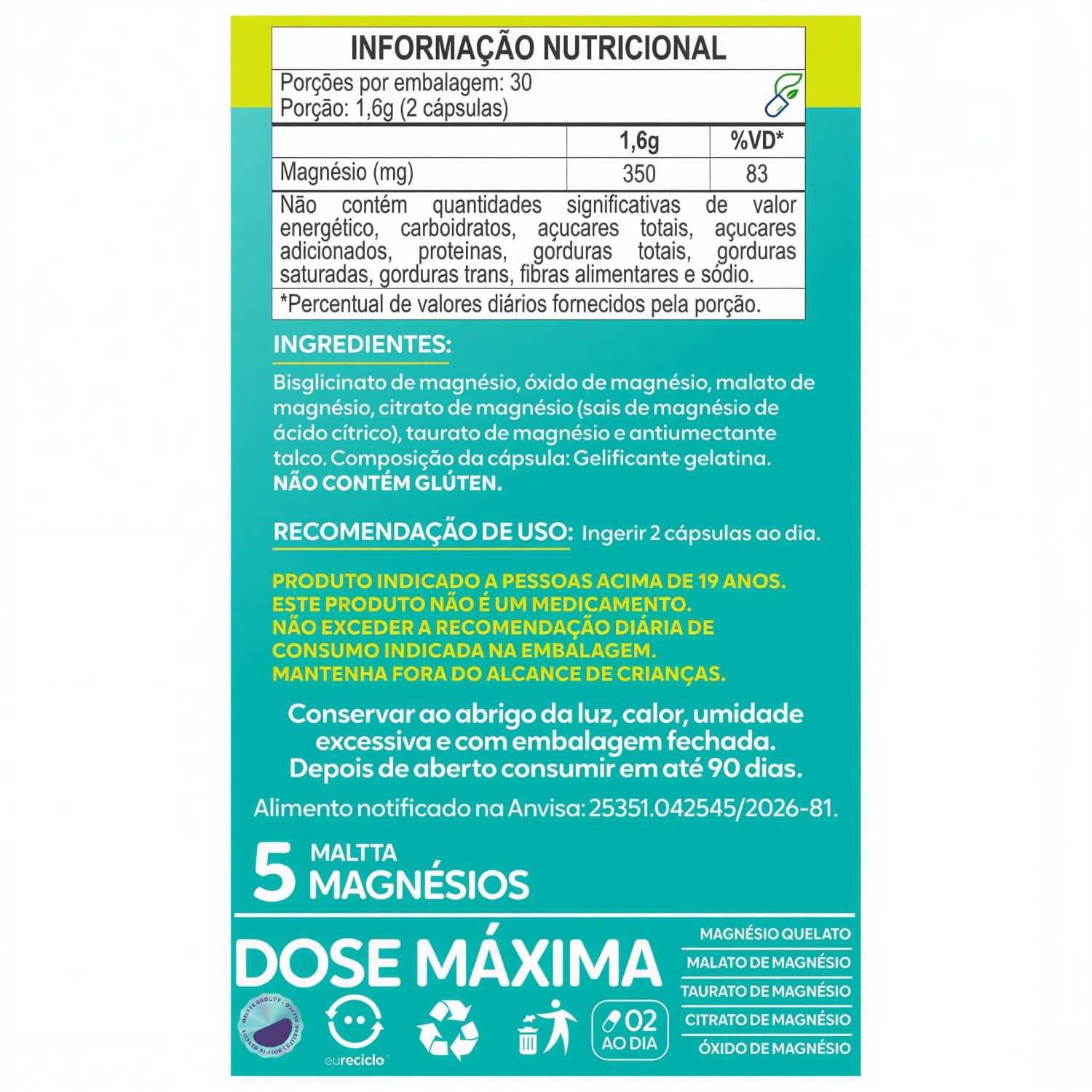 Maltta 5 Magnésios Dose Máxima Quelato + Malato + Taurato + Citrato + Óxido Maltta Nutrition 60 Cápsulas