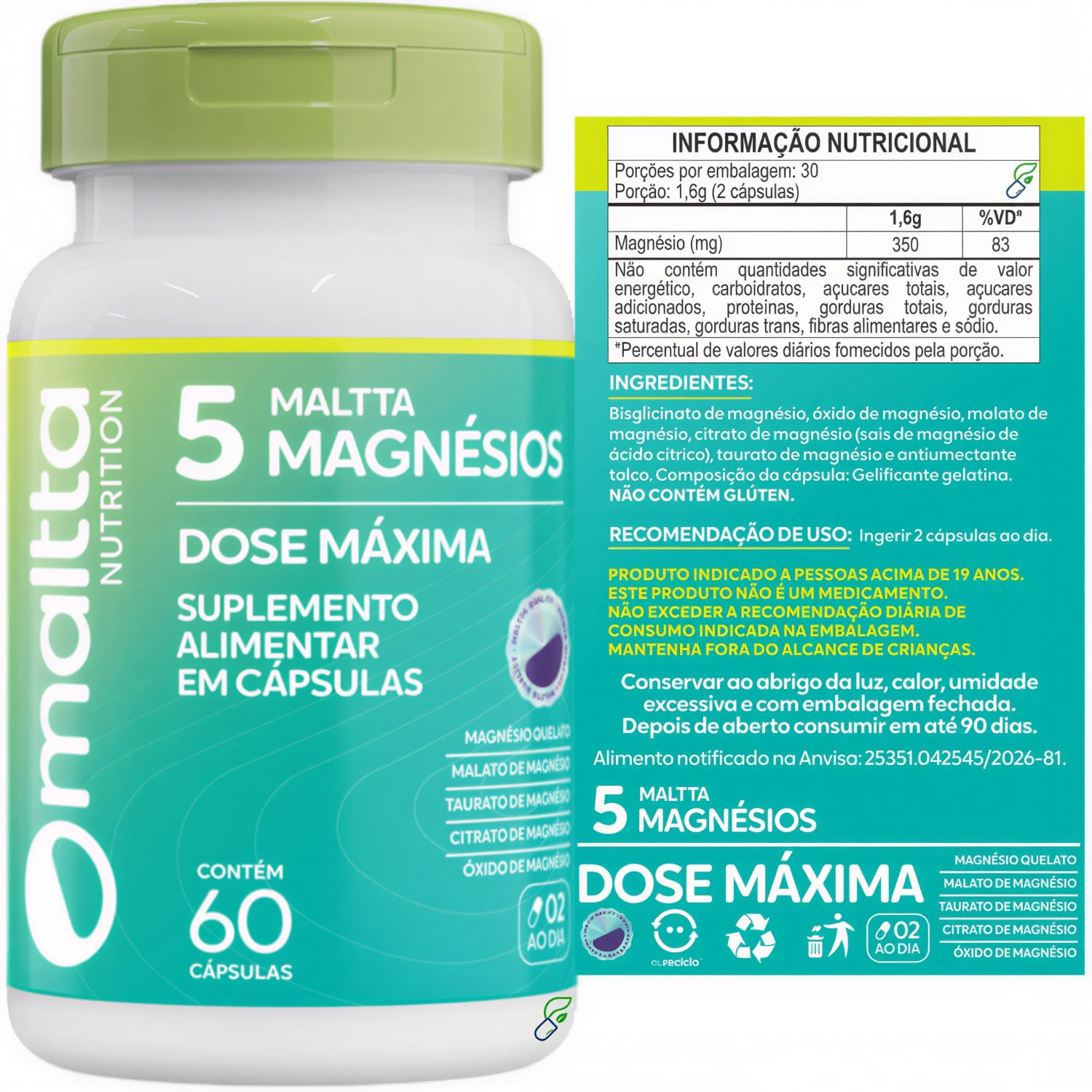 Maltta 5 Magnésios Dose Máxima Quelato + Malato + Taurato + Citrato + Óxido Maltta Nutrition 60 Cápsulas