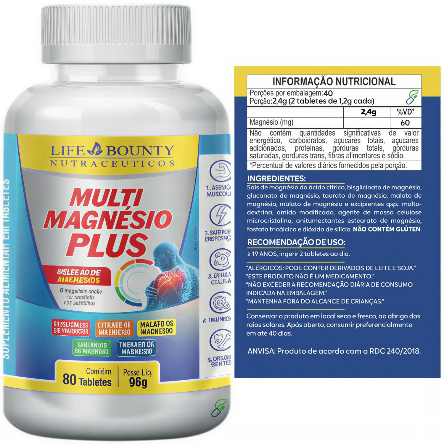 Multi Magnésio Plus Seleção Premium Com 5 Magnésios Life Bounty 80 Tabletes