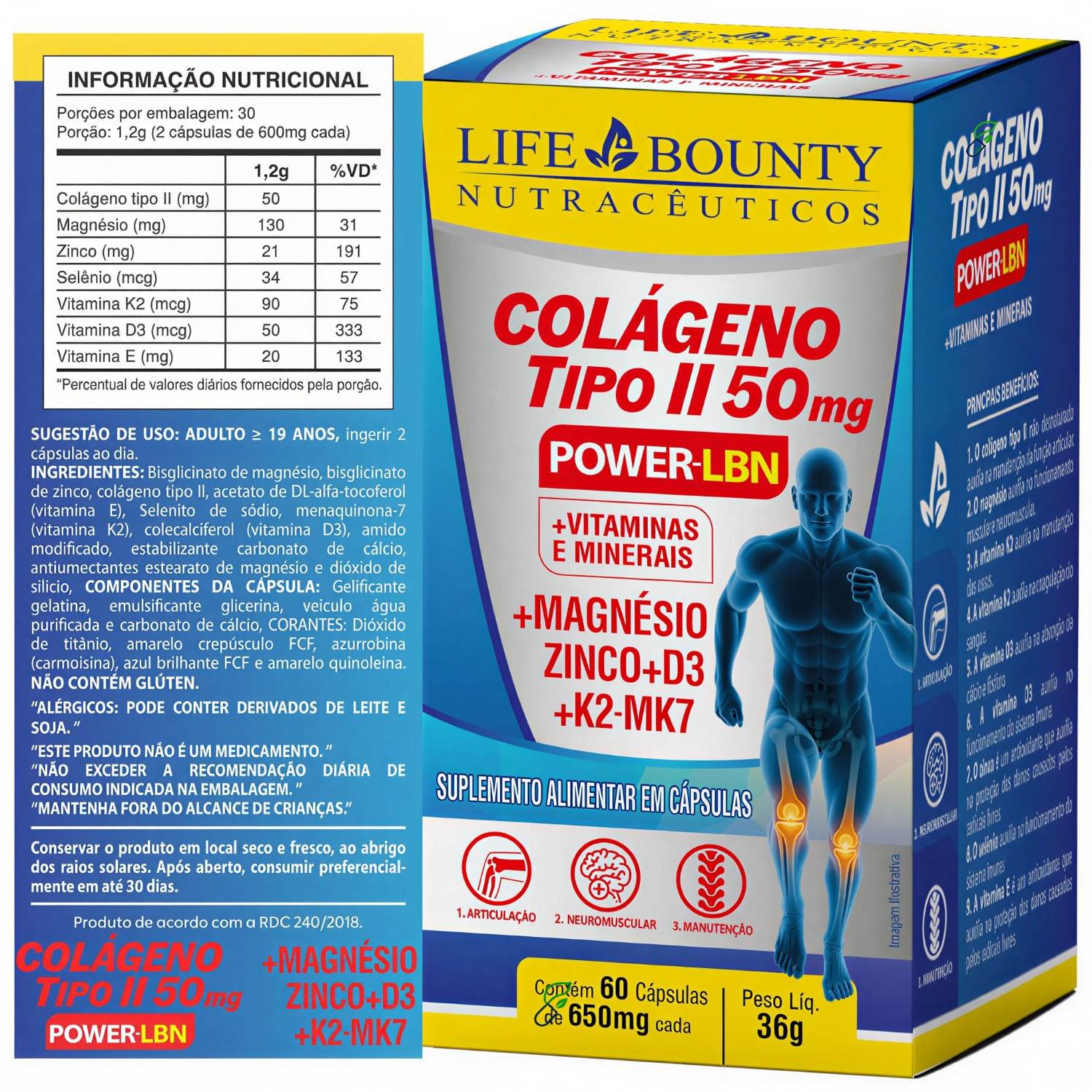 Colágeno Tipo 2 Não Desnaturado 50mg + Vitaminas + Minerais Life Bounty 60 Cápsulas