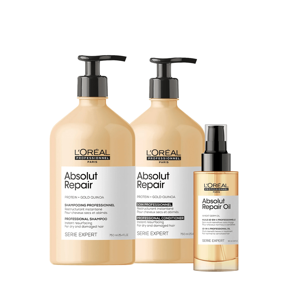 Kit Absolut Repair Protein L'Oréal Professionnel Shampoo 750ml + Condicionador 750ml + Óleo Reparador 90ml