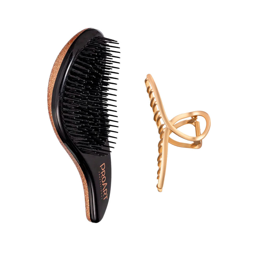 Kit Proart Escova Glitter Desembaraçante + Piranha De Cabelo Gold Laço