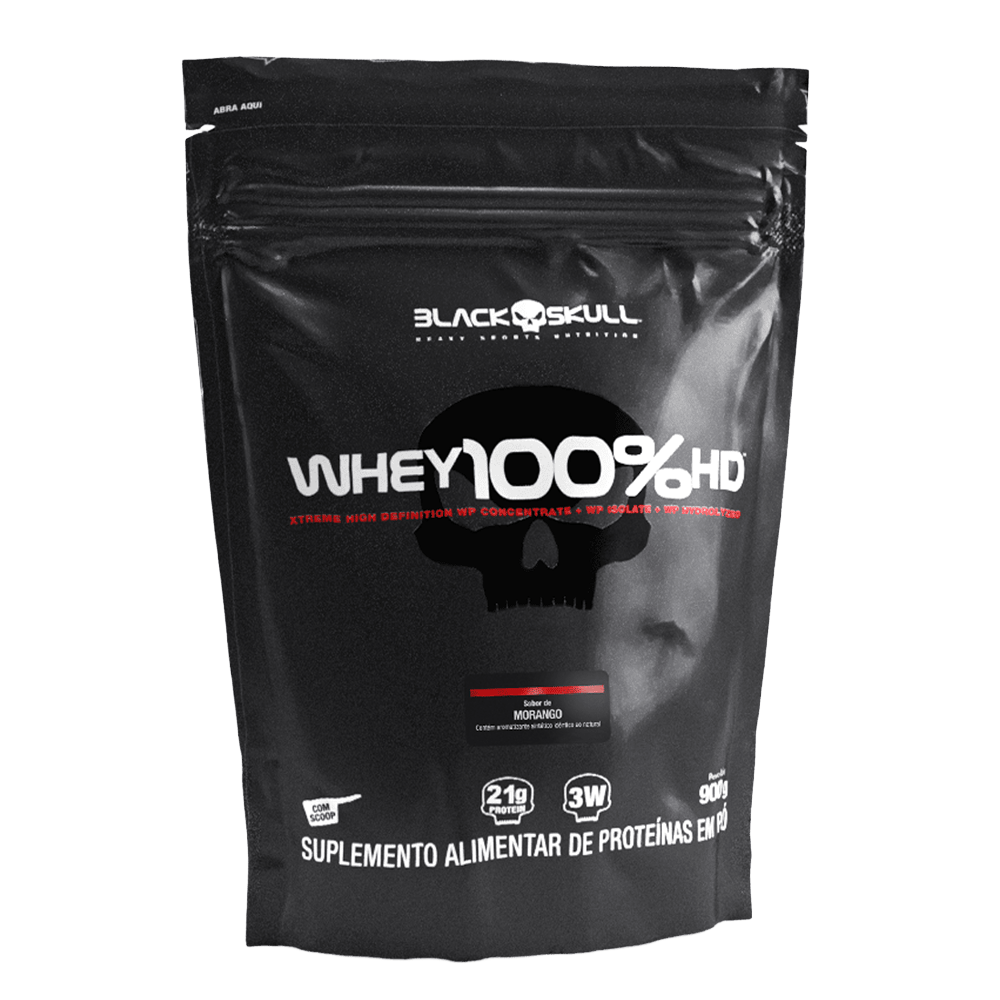 Whey 100% HD WPC, WPI E WPH Black Skull  Morango Refil 900g