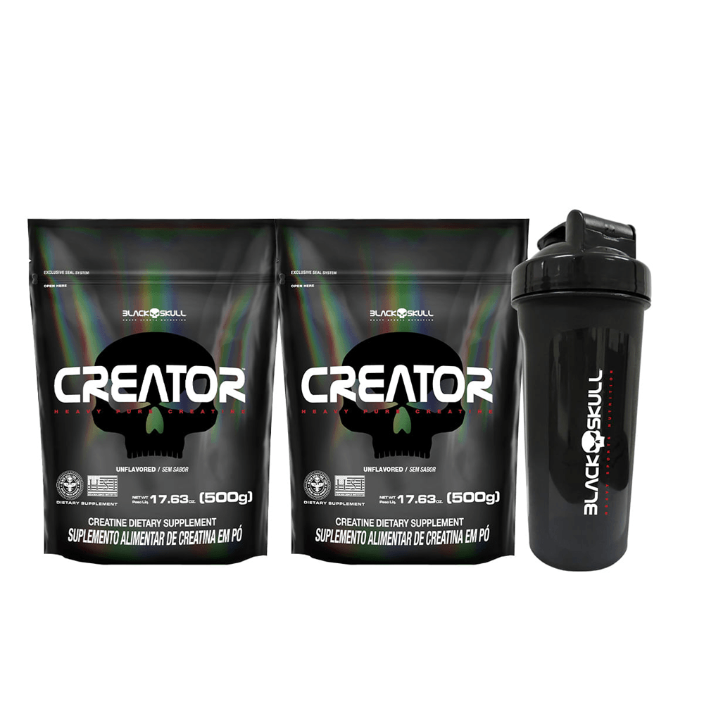 Kit Black Skull 2 Creatina Creator 500g + Coqueteleira
