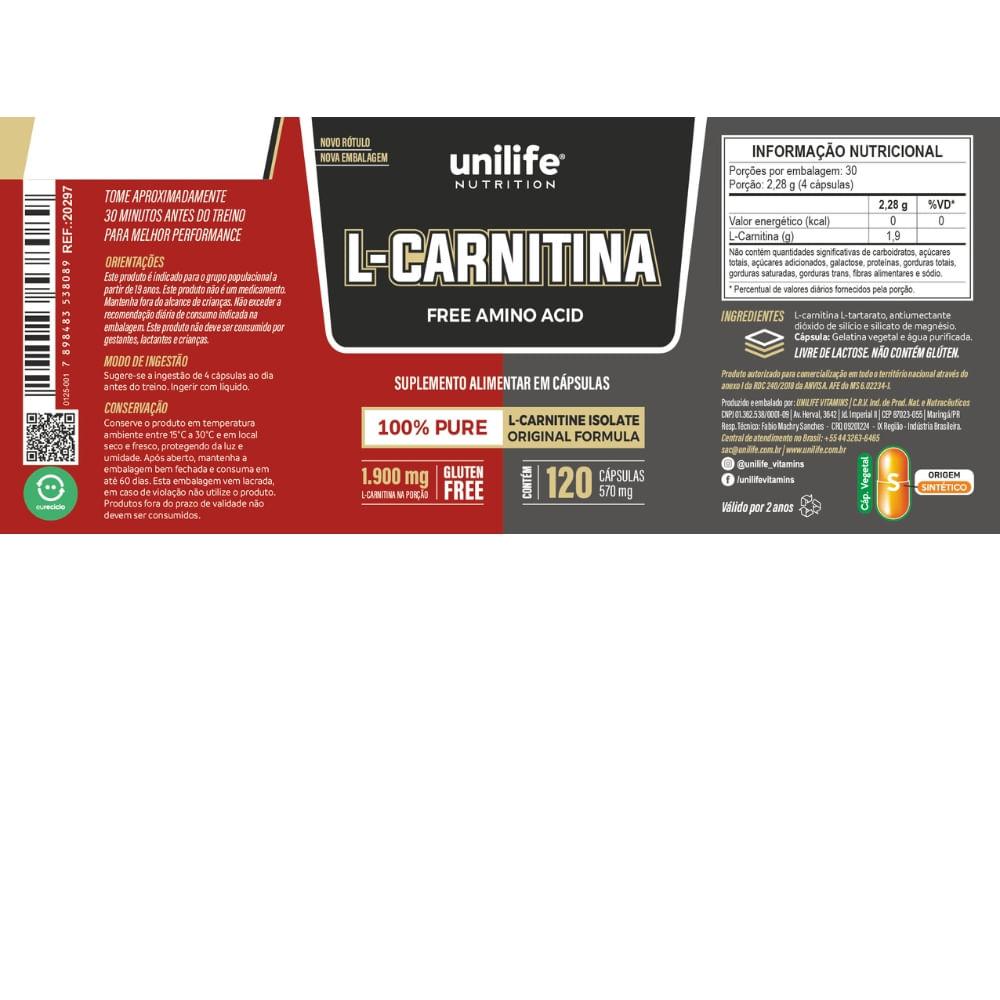 L-Carnitina Pura 1900mg Unilife 120 Cápsulas